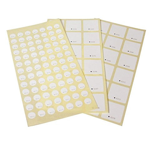 3 sheets of white labels used for marking items. One sheet has circles and the other 2 have squares.
