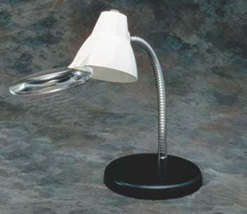 Table lamp with a white shade and a black base. Also has a magnifier attached