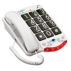 This white Clarity phone has black buttons with large white numbers, braille on the buttons and quick dial buttons for emergencies