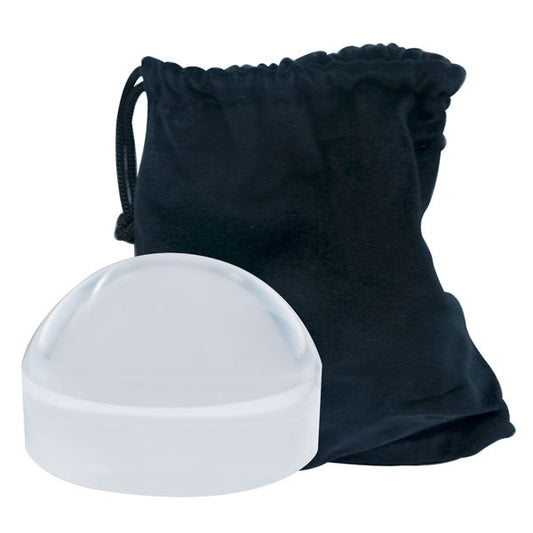 A dome magnifier with a white base and comes with a black bag for easy transportation