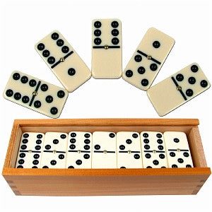 5 Large White Dominoes with Black Pips . Also a wooden box full of dominoes.