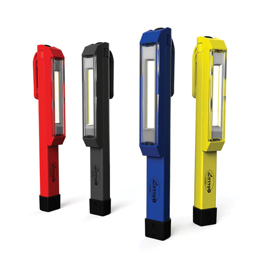 4 Flashlights that look like pens. Yellow, Red, Black and Blue