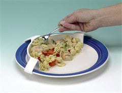 A white plate with blue trim contains pasta salad. A hand is scooping  food onto a fork with the food bumpers.