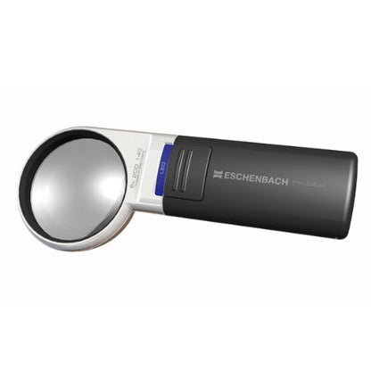 A Magnifier with a black handle and white frame around the clear lens