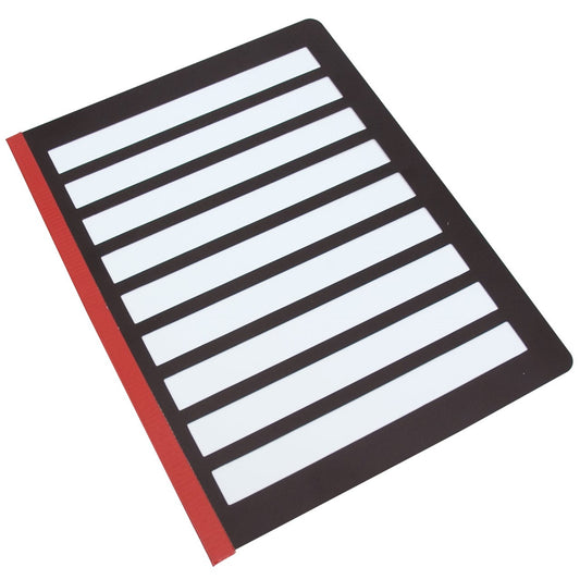 A black letter guide with a white back ground and red tape on the side for hinged opening