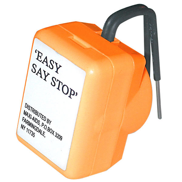 A small orange rectangular device with 2 prongs in the back fro detecting liquid levels. In white it says 'Easy Say Stop'