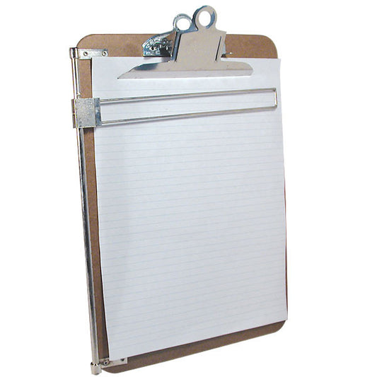 A clip board with a sheet of white paper and an arm on the left side to help write in a straight line.