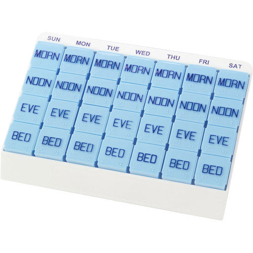 A pill organizer that has storage for all 7 days of the week. Plus it has spots for morning, noon, evening and bedtime. And to top it off it has braille markings for easier use.