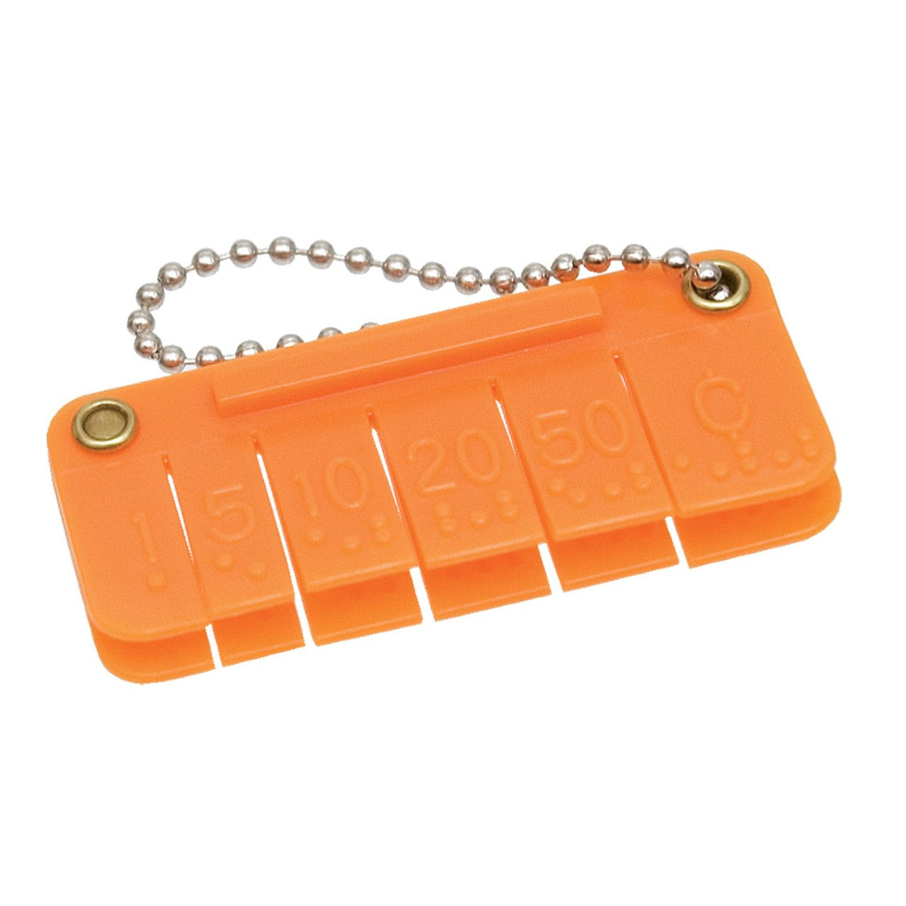 A small orange plastic device used to imprint braille on money.  It has braille markings for $1, $5, $10, $20 and $50
