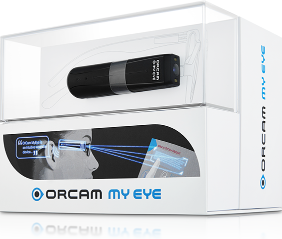 The OrCam My Eye Pro in the packaging which has a person wearing the device and reading the instructions.