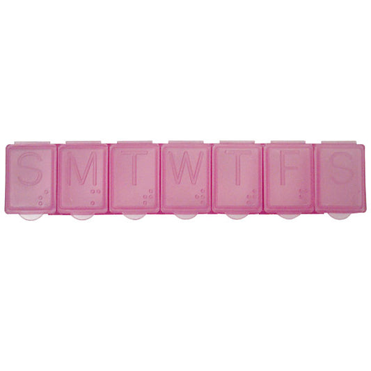 A 7 day pill organizer with braille markings