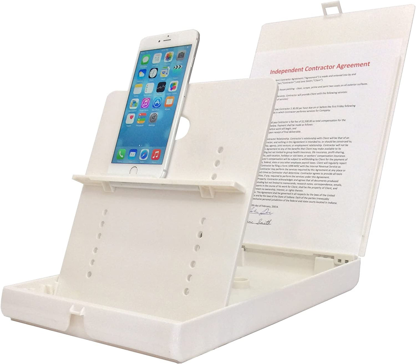 A plastic device that has 3 parts to it; the back stop, the front stop and the base. The back stop holds what you are trying to read. The front part holds your phone or tablet and the base keeps things sturdy.