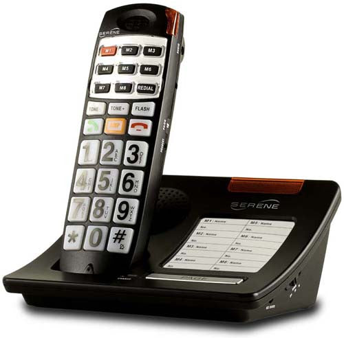 This Serene cordless phone features large white buttons with black numbers. It also has an amplify button and 8 quick dial buttons