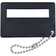 Black rectangle with a hole in it so you can write your name. Also has a keychain attached so you won't lose handy helper