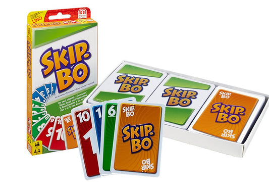 The Skip-Bo packaging  displaying cards in box and 4 cards out of the box.