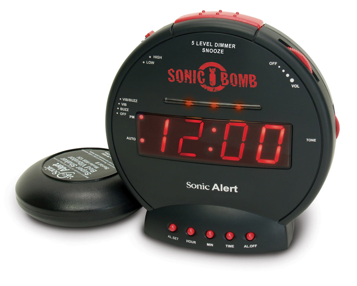 Round Black and Red Alarm Clock with Bed Shaker. It's lunch time, I'm hungry