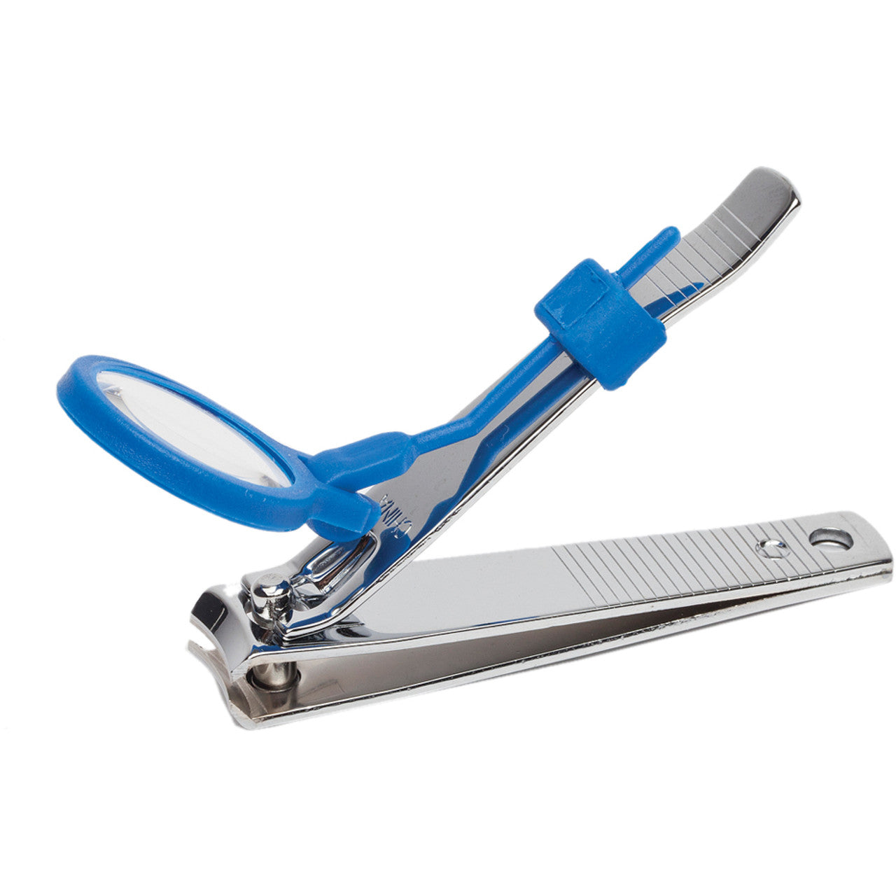 A pair of nail clippers with a little blue magnifier to prevent you from clipping the little piggies