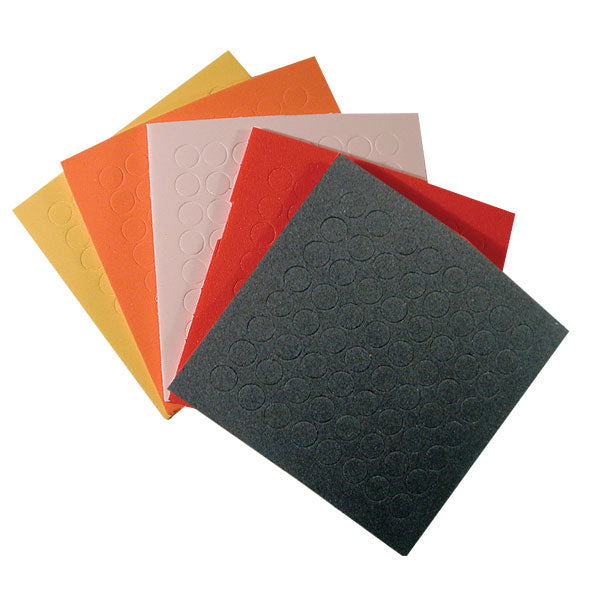 A variety pack of felt dots used for marking items. Comes in black, yellow, orange, red, and white