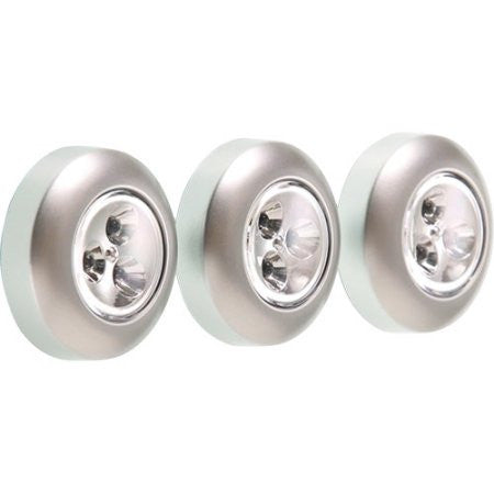 3 round touch lights that have silver pastic casing around them.