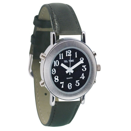 wrist watch with black leather band and silver time piece with black clock face and white numbers.